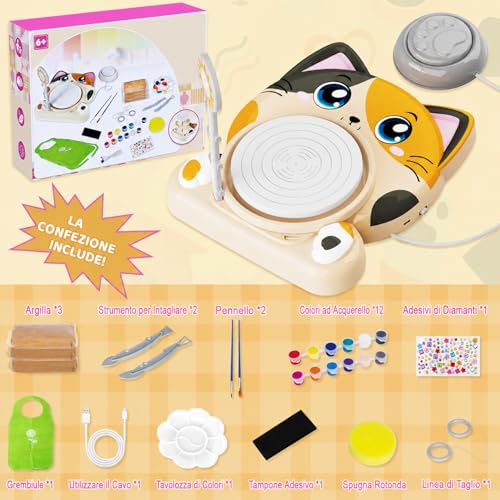 Ceramic Lathe for Kids - Complete Ceramic Kit for Beginners, Creative Set 6+ Years with 3x Air Drying Clay, DIY Ceramic Kit Easter Gift for Boys and Girls