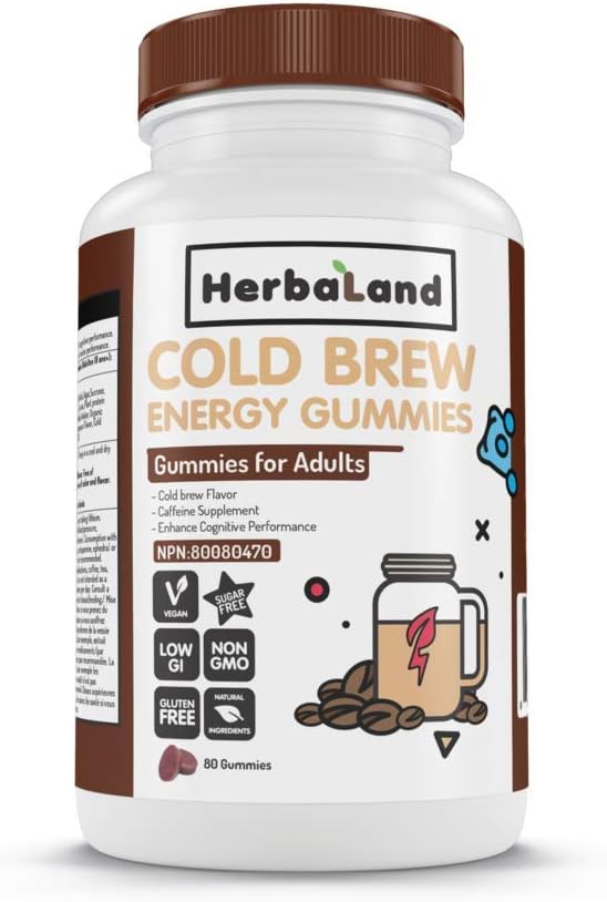 Vegan Cold Brew Energy Supplement by Herbaland - Plant-Based Sugar-Free Vitamin Gummies Boost Energy - Natural Coffee Bean - Coffee Flavor - 80 Gummies
