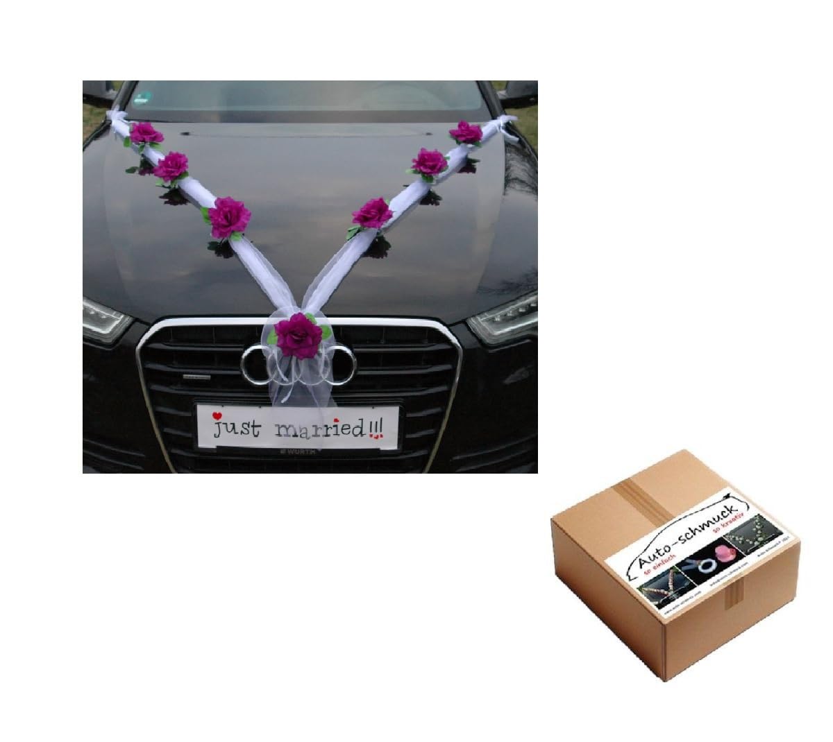 Autoschmuck Organza M Auto Schmuck Braut Paar Rose Deko Dekoration Hochzeit Car Auto Wedding Deko (Dunkelviolett/Weiß) — image 1