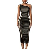 LAGSHIAN Women's Sexy Bodycon Cocktail One Shoulder Sleeveless Mesh Ruched Midi Party Dress