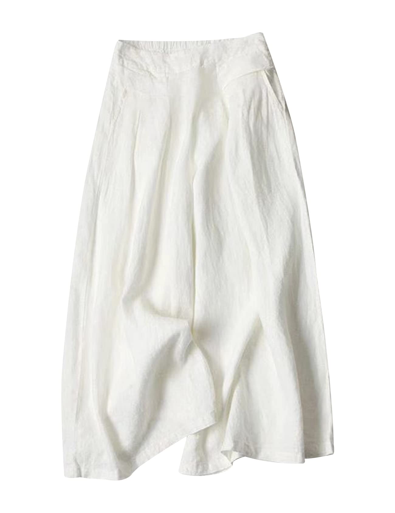 Photo 1 of Gihuo Women' s Culottes Linen Blend Wide Leg Pants Elastic Waist Casual Palazzo Trousers with Pockets Capris(White-XL)