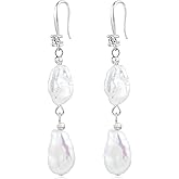 COYATE Pearl Dangle Earrings White Freshwater Double Baroque 11-18mm,French Wire