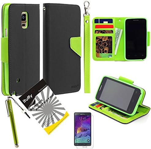 for Samsung Galaxy Note 4 SM-N910/ 3items Combo: ITUFFY (TM) LCD Screen Protector Film + Stylus Pen + MultiFunction 2Tone Portfolio Leather Wallet with Inner Soft TPU Rubber Skin &amp; ID Card Slots with Lanyard and Magnetic closure (Black - Neon Green)
