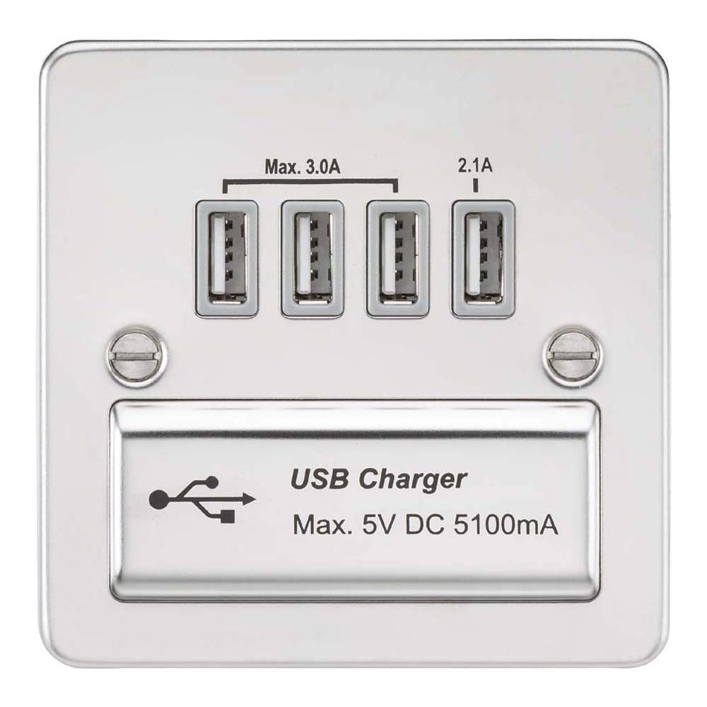 Knightsbridge FPQUADPCG Flat Plate Quad USB Charger Outlet, Polished Chrome with Grey Insert — image 1