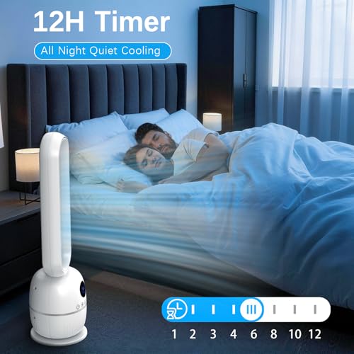 Teoryieer Tower Fan Without Blades, 90 cm Fan Without Blades, DC Motor, 12 Speeds, 12H Timer, Remote Control, LED Display, Automatic Oscillation 60°
