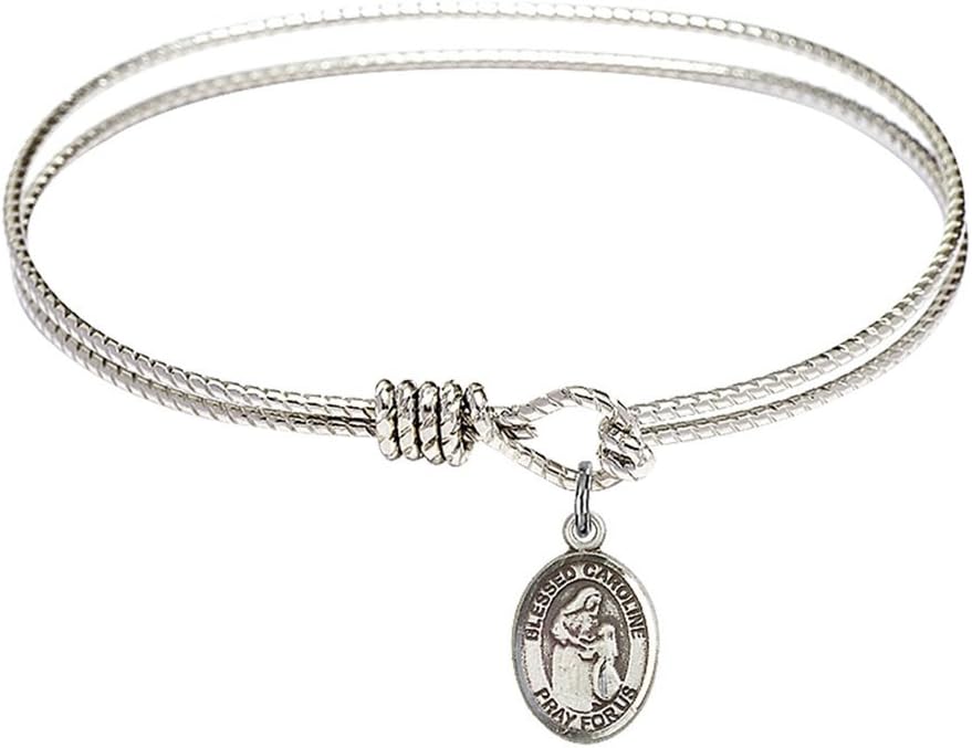 Rhodium Plate Oval Eye Hook Textured Bangle Bracelet with Saint Petite Charm, 7 1/4 Inch