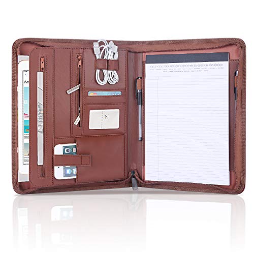 Zippered Padfolio Portfolio Binder, OOWOLF Leather Travel Conference Folder Executive Business Padfolio Case with Writing Pad Tablet, Phone/iPad Pockets, Pen Holder for Interview