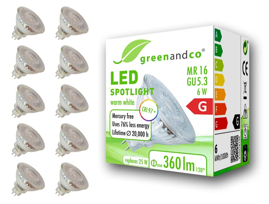 greenandco® CRI 97+ 2700K 110° LED spot Replaces 25 Watt GU5.3 MR16 Halogen Spotlight, 6W 360 Lumen Warm White 12V AC/DC, not dimmable, 10-Pack