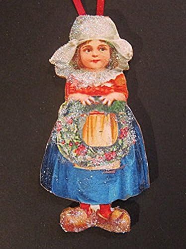 Dutch Girl, Handcrafted Wood, Christmas Ornament, Ellen Clapsaddle, Antique Postcard, White Cap. Lace Apron, Wooden Shoes, Christmas Wreath