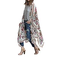 OLRAIN Women Floral Flowy Kimono Cardigan Long Bikini Beach Cover Up Loose Tops (White X-Large)