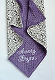 Personalize Double Minky Baby Blanket - Charcoal Damask Minky Front, You Choose SOLID COLOR minky
