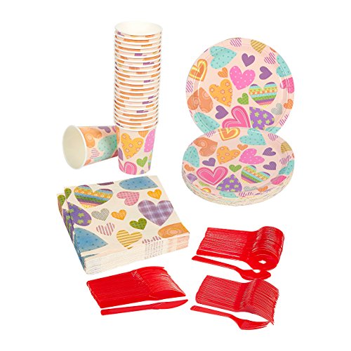 Disposable Dinnerware Set - Serves 24 - Love Theme Valentines Day Party Supplies - Heart Design Paper Plates, Napkins, Cups, Plastic Knives, Spoons, Forks