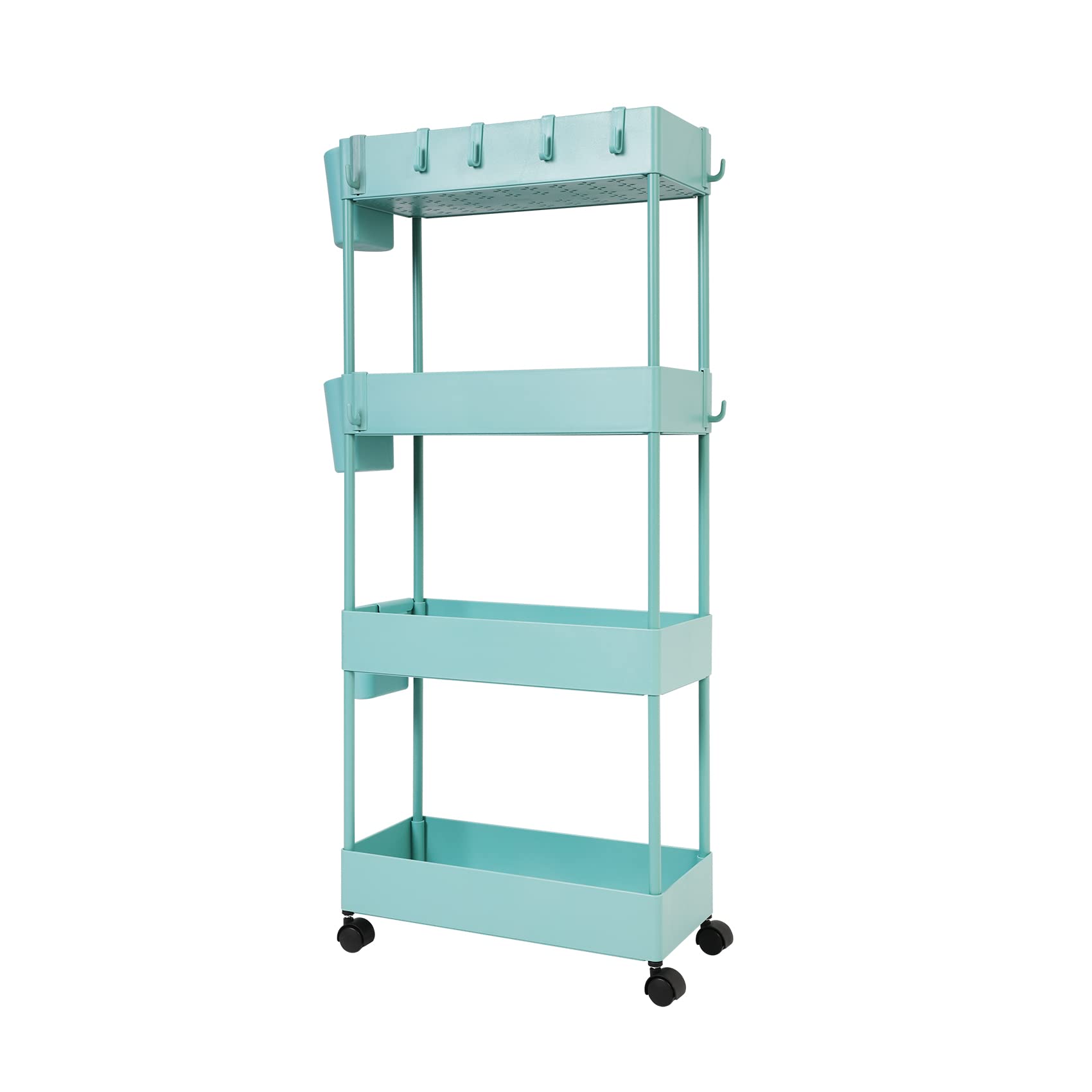 JAKAGO Slide Out Storage Cart Slim Rolling Trolley,4 Tier Storage Rack Utility Organizer Shelf,Narrow Places Tower Rack Mobile Shelving Unit for Pantry Kitchen Office Bathroom (Teal)
