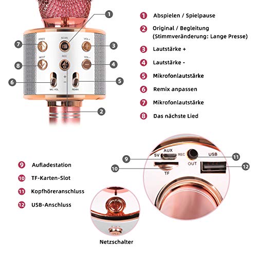 MAEXUS Karaoke Mikrofon Kinder, Bluetooth Karaoke Mikrofon mit Lautsprecher Drahtloses Bluetooth Mikrofon für Kinder Karaoke Mikrofon für iPhone/Android/iPad/PC/U-Disk/TF-Karte, Rose Gold