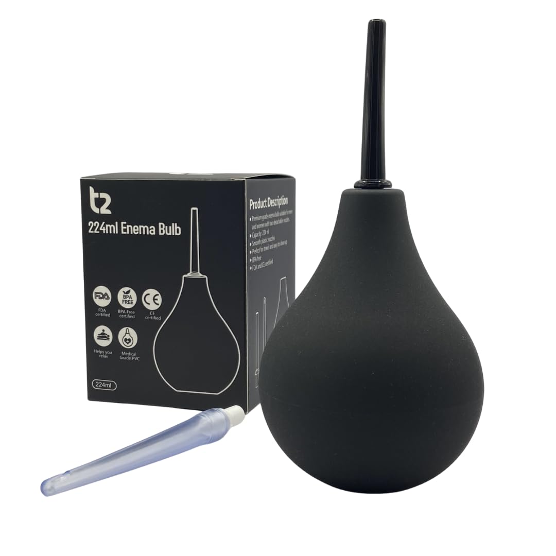 T2 Enema Bulb 224ml for Men and Women - Reusable Colon Cleansing Douche for Constipation - UKCA, CE & FDA Certified - Includes 2 Slim Nozzles (1 Soft, 1 Hard)