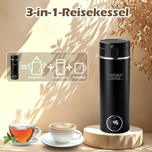 Electric Travel Kettle Small 500 ml / 300 W, Portable Kettle Mini Water Cup 316 Stainless Steel with 6 Temperature Settings, Small Kettle for Thermos Flask Baby, Tea, Coffee, Black