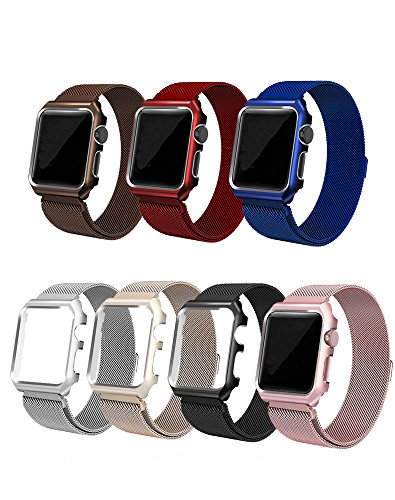 AHXLL Apple Watch Mesh Milanese Loop stainless Steel Replacement iWatch + Metal Protective case for Apple Watch Series 3, Series 2, Series 1, Sport& Edition (Red, 42MM)