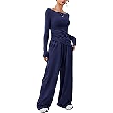 VUTRU Women's Petite Lounge Set Tight Long Sleeve Top Wide Leg Pants Slim Fit 2 Piece Sets Tracksuit Travel Fall Outfit 2025