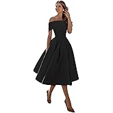 TOOWOOT Women's Off The Shoulder Bridesmaid Dresses Short Satin A-line Tea Length Prom Formal Dress with Pockets