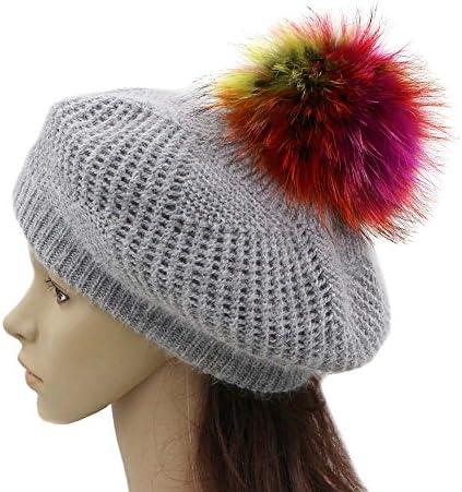 GZHILOVINGL Wool Knit Beret Hats For Women Winter Slouchy Beanie Cap With Pom Pom