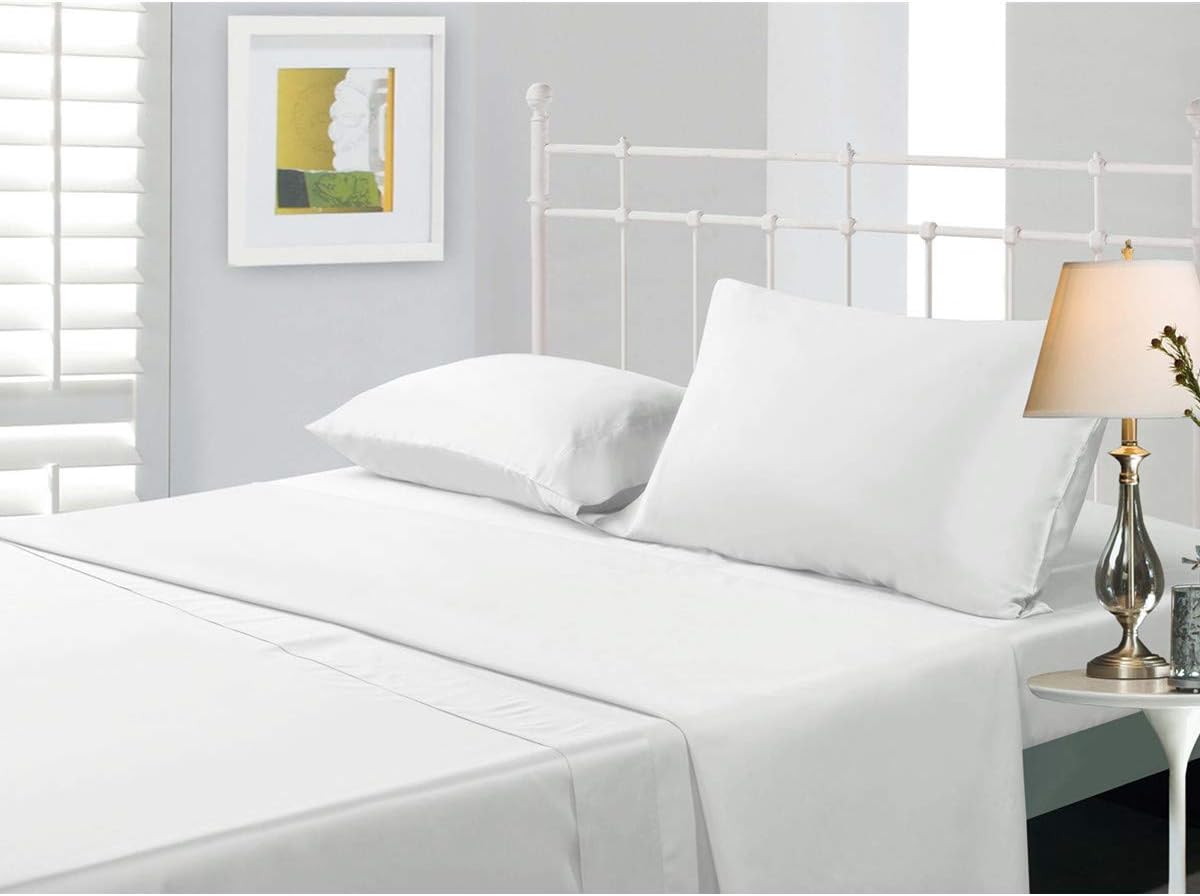 NATUREFIELD Bamboo Sheets Set Queen White 4 Piece Bamboo Cotton, 15 Inch Deep Pocket, Cozy Soft Breathable Wrinkle-Free Flat Fitted Bedding Set for Home and Hotel