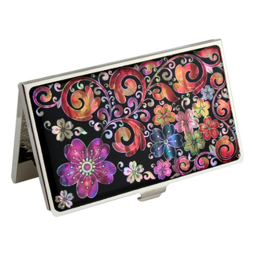 Antique Alive Mother of Pearl Metal Purple Flower Arabesque Design Business Credit Card Holder Wallet (B107)