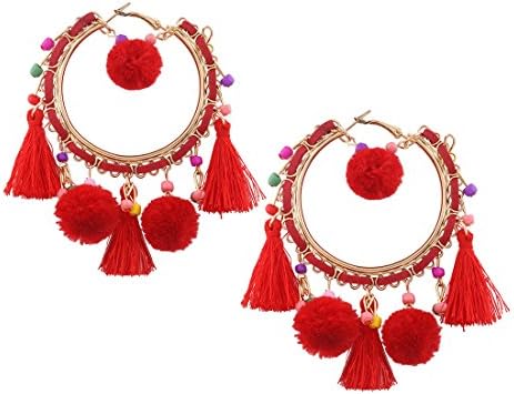 Fashion Earrings for Women Girls,Elegant Bohemia Style Tassels Gold Plating Hoop Earrings Red