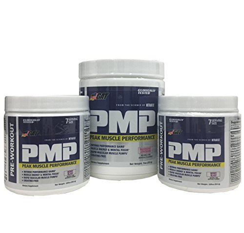 GAT PMP (Peak Muscle Performance) Pre Workout Powder, Raspberry Lemonade, 30 Servings with 2 bottles of 7 servings Berry Blast Combo