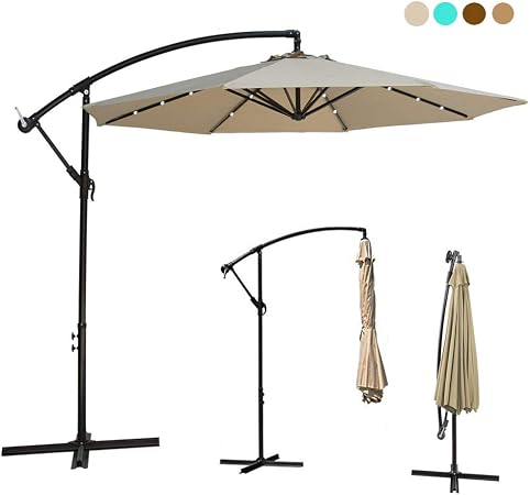 10ft Deluxe Solar Power Outdoor Patio Umbrella Offset Cantilever Sun Umbrella Hanging Shade Umbrella W 32 Led Lights Crank Lift System Cross Base Heavy Duty 250g Sqm Polyester Pa Coating Amazon Co Uk