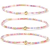 Ustome Boho Handmade 3Pcs Stack Ball Seed Beaded Bracelets Set for Women - Colorful Glass Gold Plated Pearl Stretch Accessories Jewelry, Summer Beach Daily Wear Holiday Friendship Gift
