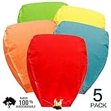 Battife Sky Lanterns Chinese Flying 100% Biodegradable Paper Eco Friendly Full Assembled 5 Pack Mixed Colors for Party Holiday Memorial Day to Release in Sky