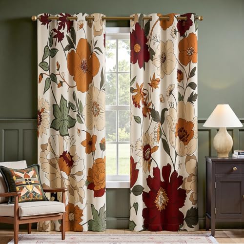 JINCHAN Lora Vintage Floral Blackout Curtains for Bedroom Mid Century Bohemian Room Darkening Drape Flower Patterned Curtains 84 Inches Long Grommet Window Drapes Set 2 Panels Beige