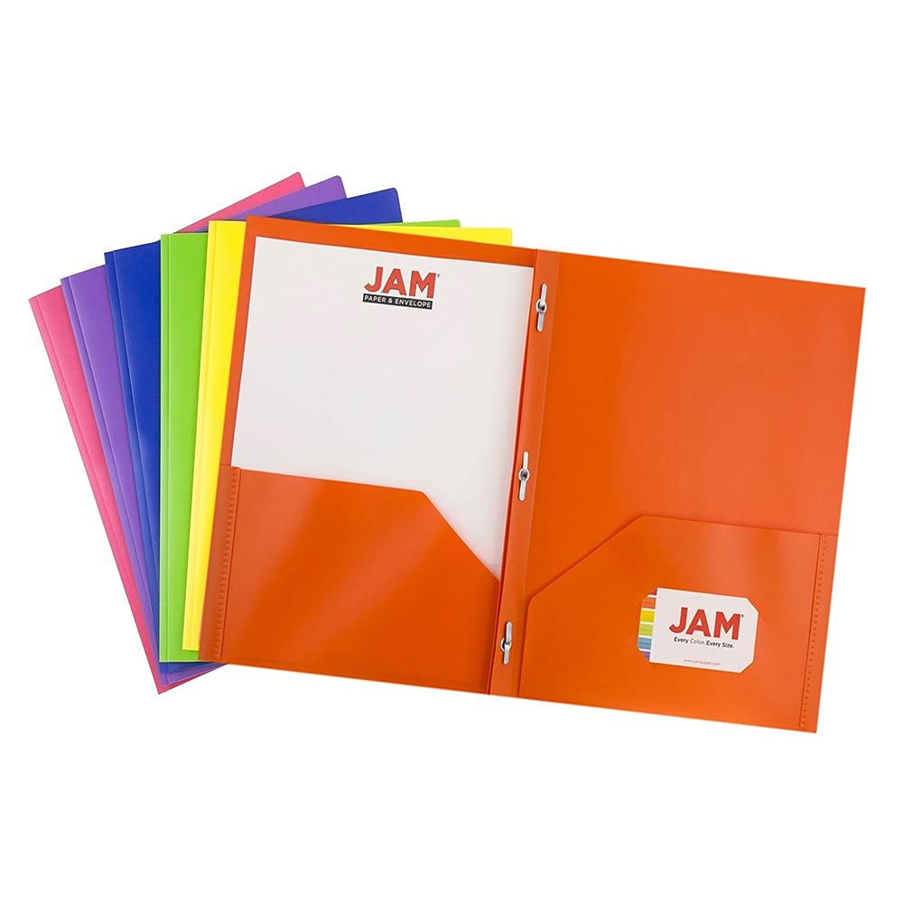 JAM PAPER Plastic 2 Pocket School POP Folders with Metal Prongs Fastener Clasps - Assorted Primary Colors - 6/Pack