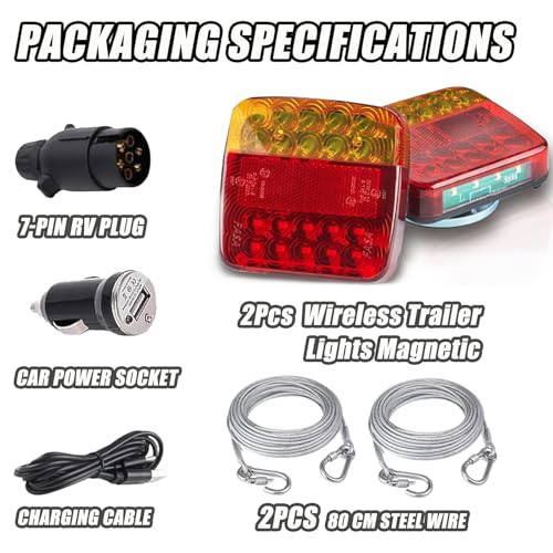 TXGSDXS Wireless LED Trailer Tail Lights - 2 Pack, Magnetic, Rechargeable, IP65 Waterproof, 12V/14V, 7 Pin Connector, for Trailer, Truck, Caravan or Boat