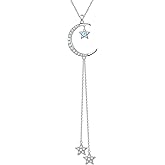 Ladytree 925 Sterling Silver Crescent Moon and Star Necklace with Created Moonstone Long Y Necklace Elegant Jewelry Gift for Women