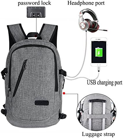 Laptop Backpack with USB Charging Port&amp;Headphone Compartment and Lock Fits 12-16" Notebook, Water Resistant College School Business Computer Bag with Trolley Strap for Women and Men (Upgraded Grey)