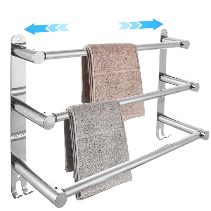GBACHOOSE Adjustable Towel Rail, 3-Tier Towel Rack Wall Mounted, SUS 304 Stainless Steel Towel Shelves with Hooks, Wall Mounted Towel Holder for Kitchen Bathroom(43-75cm)