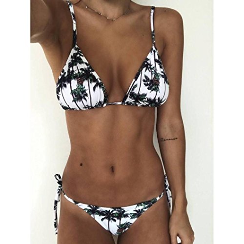 Balakie Women Print Bikini Sets Three-point Coconut Tree Printing Bandage Swimsuits Two Piece Swimwear Beach Suit (S, White)