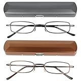 Reading Glasses 2 Pair Gunmetal and Brown Readers Metal Lightweight Compact Unisex Glasses for Reading Slim Case Included +1.25
