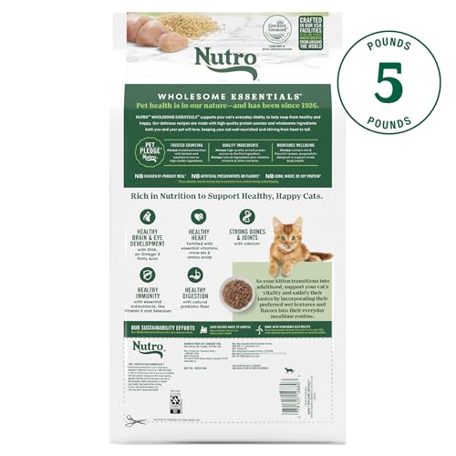 NUTRO WHOLESOME ESSENTIALS NATURAL DRY CAT FOOD, DRY KITTEN FOOD CHICKEN & BROWN RICE KIBBLE FORMULA, 5 LB. BAG