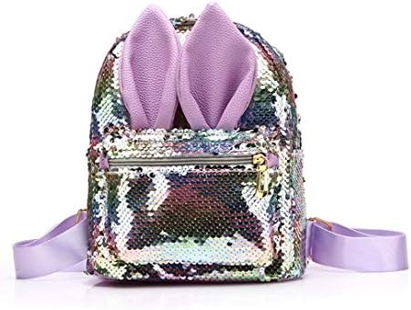 Magic Reversible Sequins Backpack with Cute Rabbit Ears Schoolbag Shoulder Bag Mini Backpack Purses for Girls Women (Silver)