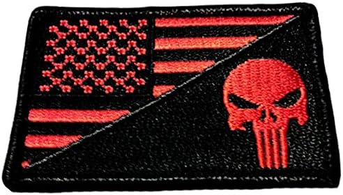 [Single Count] Custom, Cool &amp; Awesome {3" x 2" Inches} Rectangle Patriotic National Stars and Stripes American Flag Punisher Skull (Tactical Type) Velcro Patch “Black &amp; Red”