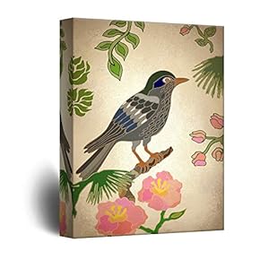 Canvas Wall Art - Vintage Style Brid on Flower Branch - Giclee Print Gallery Wrap Modern Home Art Ready to Hang - 12x18 inches