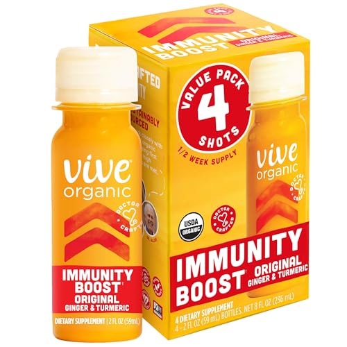 Vive Organic Original Ginger and Turmeric Immunity Boost Shot, Potent Wellness Shots, Gluten Free and Vegan, 2 fl oz Bottles (Pack of 4)