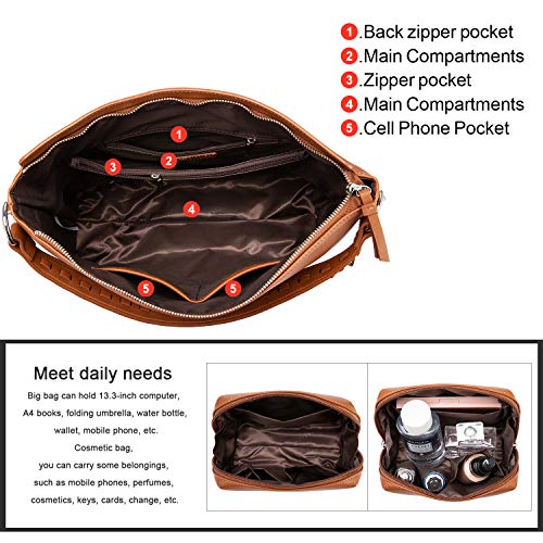 LOVEVOOK Sacs à main femme grand sac à bandoulière en simili cuir sac à bandoulière avec glands designer sac hobo lot de 2 petit sac cosmétique Marron