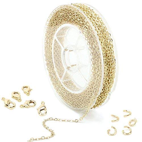 ALEXCRAFT Gold Necklace Chains for Jewellery Making, 33 Feet 1.5mm Curb Cable Spool Brass Gold Plated Chain for Craft Bracelet Jewellery DIY Chain with Bulk 20 Lobster Clasps and 50 Jump Rings