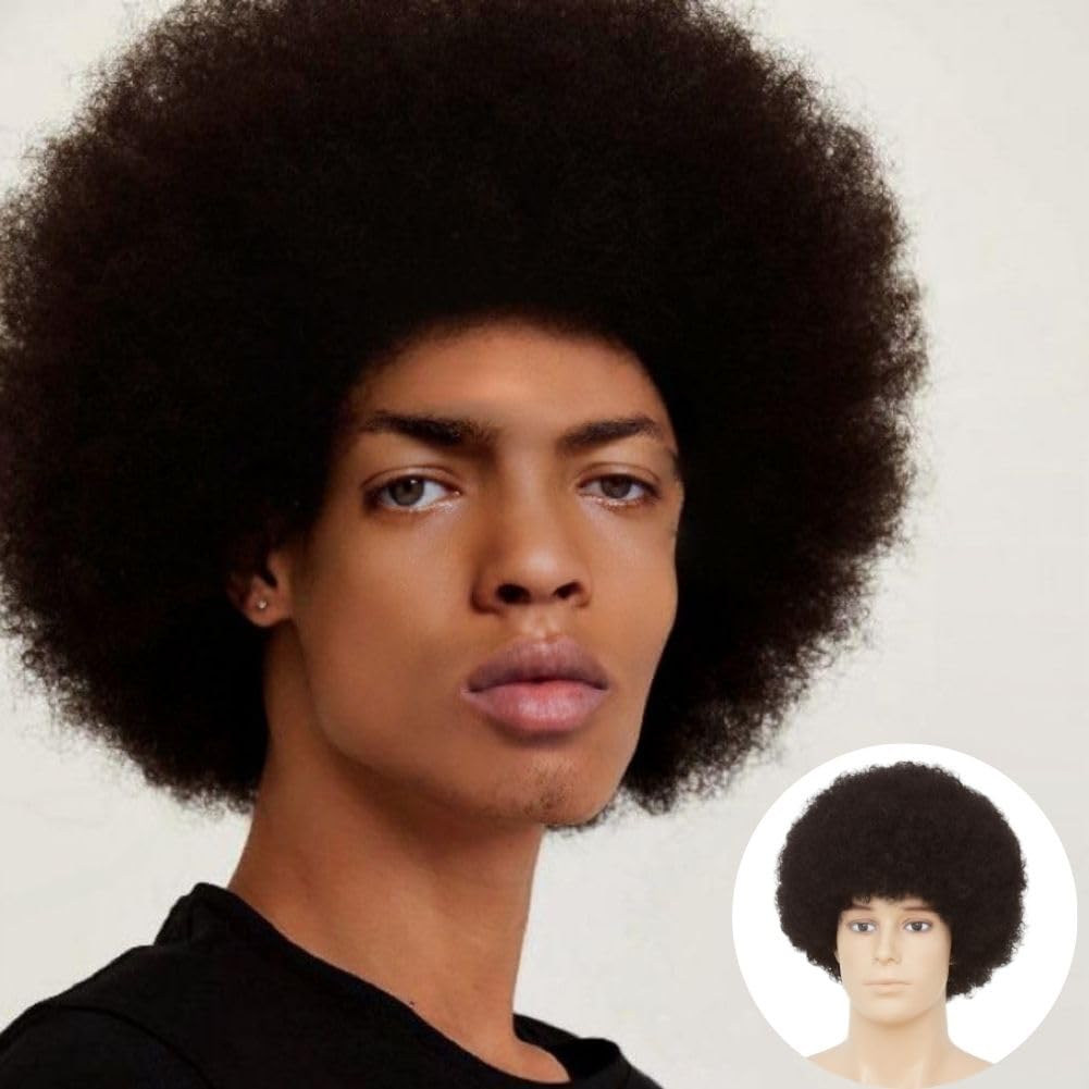 Salaibs Brown Afro Wigs for Men 70s 80s Curly Short Disco Punk Bouncy Fluffy Black Men Hair Wig Cosplay Rocker Wig
