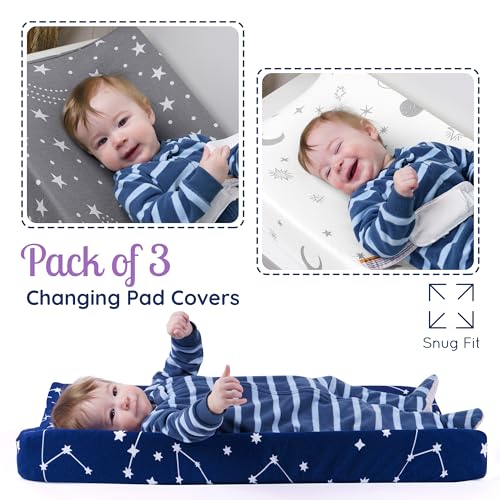 GROW WILD Changing Pad Cover 3 Pack | Soft & Stretchy Jersey Cotton | Baby Changing Table Pad Cover | Diaper Changing Pad Covers for Girls and Boys (Stars, Moon & Constellation)
