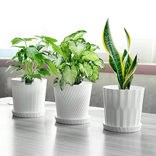 Set of 3 Plastic Plant Pots with Saucers, Gudatost 6 Inch Plastic Plant