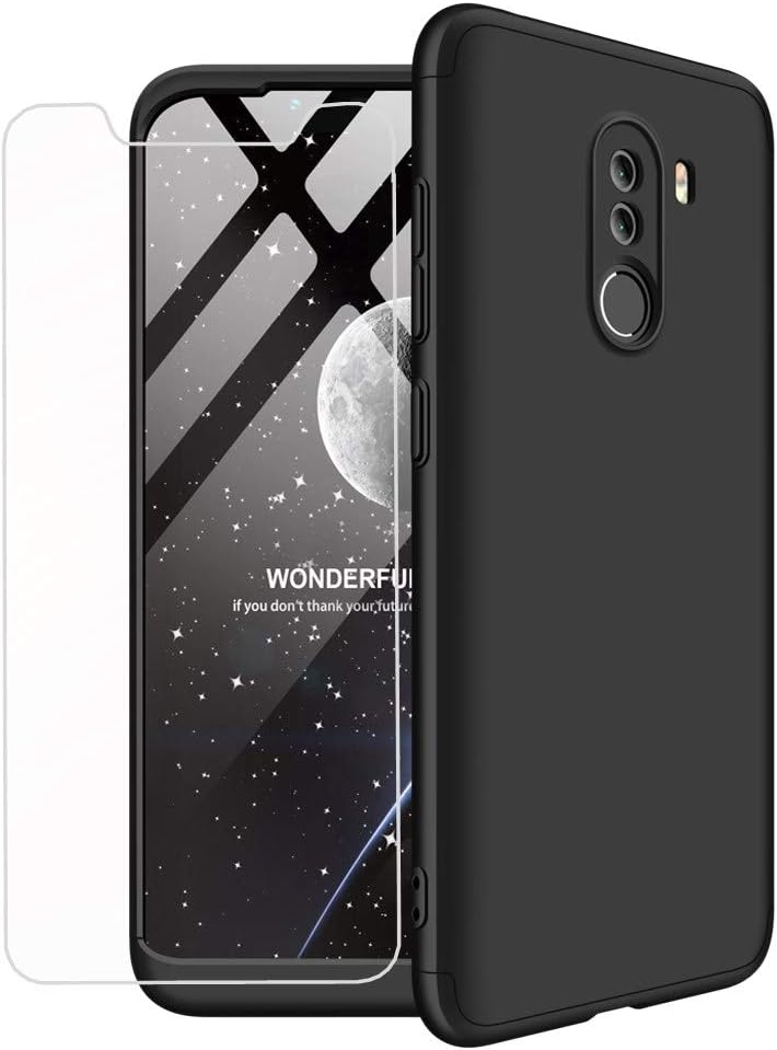 Xioami Pocophone F1 phone case +tempered glass protector Slim PC Hard Cove 360 degree 3 in 1 Ultra-thin Full Body Matte Bumper MLOTECH-Black